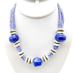 Glazed Ceramic Beaded Choker Necklace in Bright Blue and White